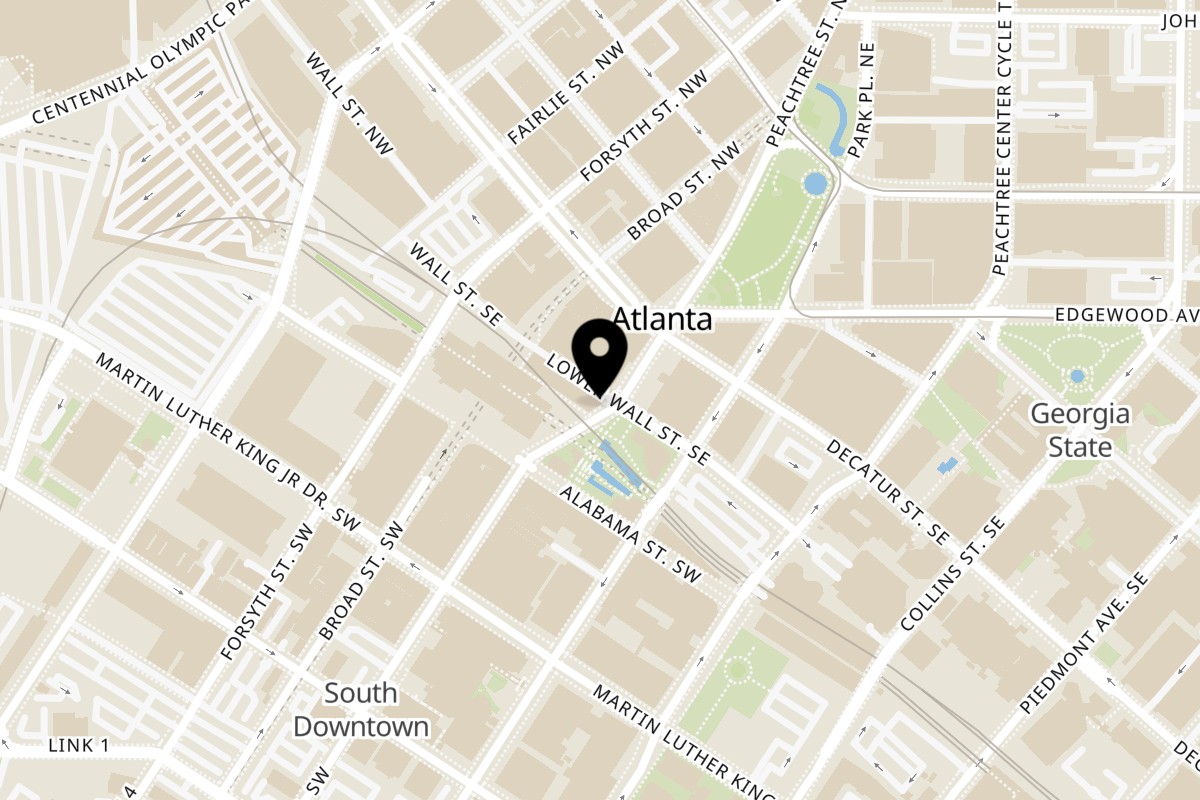 Map showing the location of Goodfella's Pizza and Wings on 27 Peachtree St SW in Atlanta